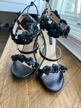 Ruthie Davis Black Floral Tie-Ankle Stiletto with spikes.
